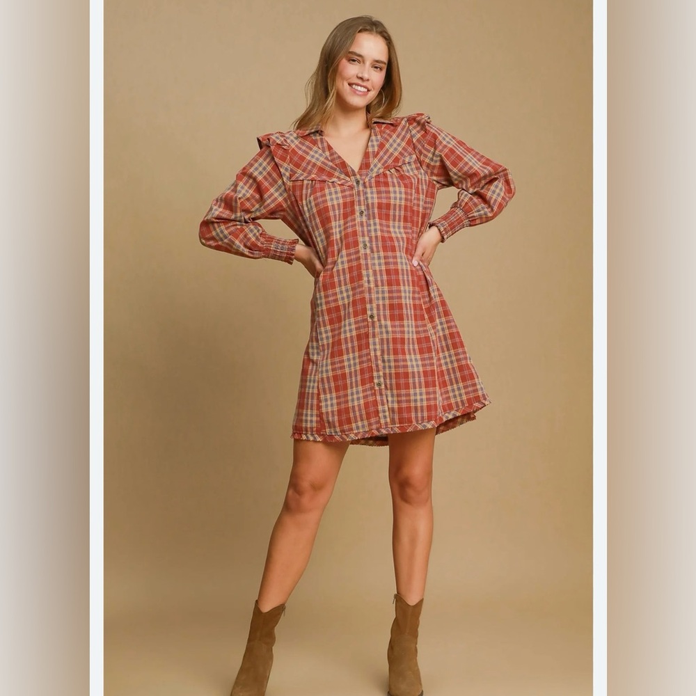 Umgee Rust Plaid Mini Dress ~ Size Medium